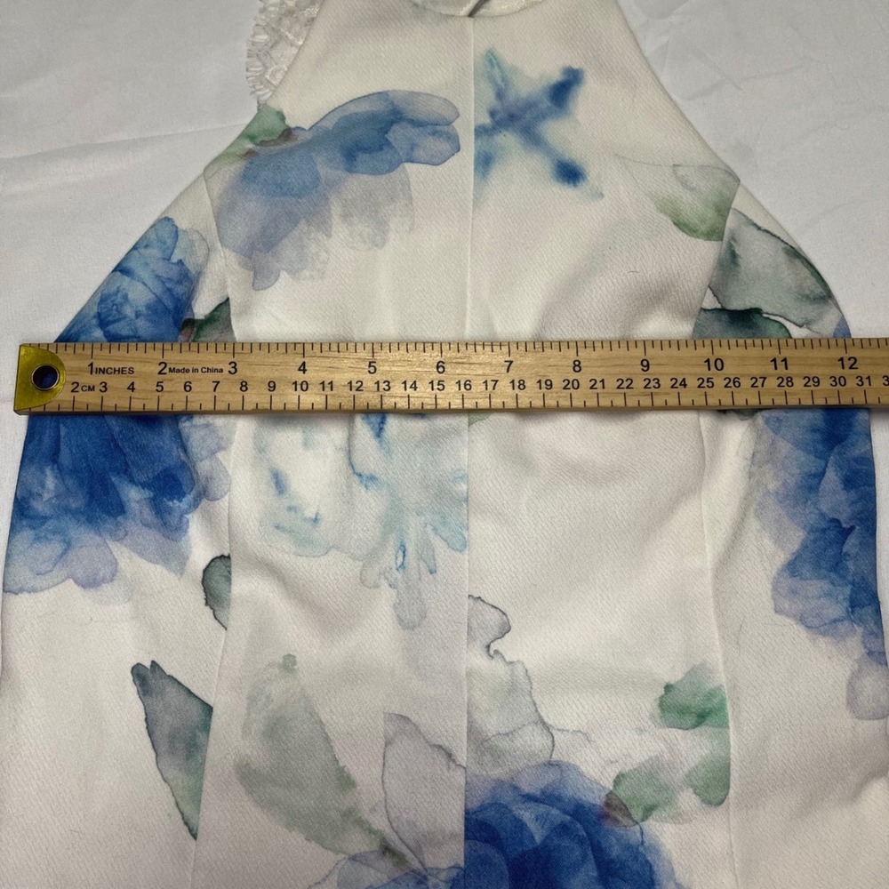 NBD White Blue Floral Watercolor Halter Lace Open Back Romper XS - Picture 5 of 8